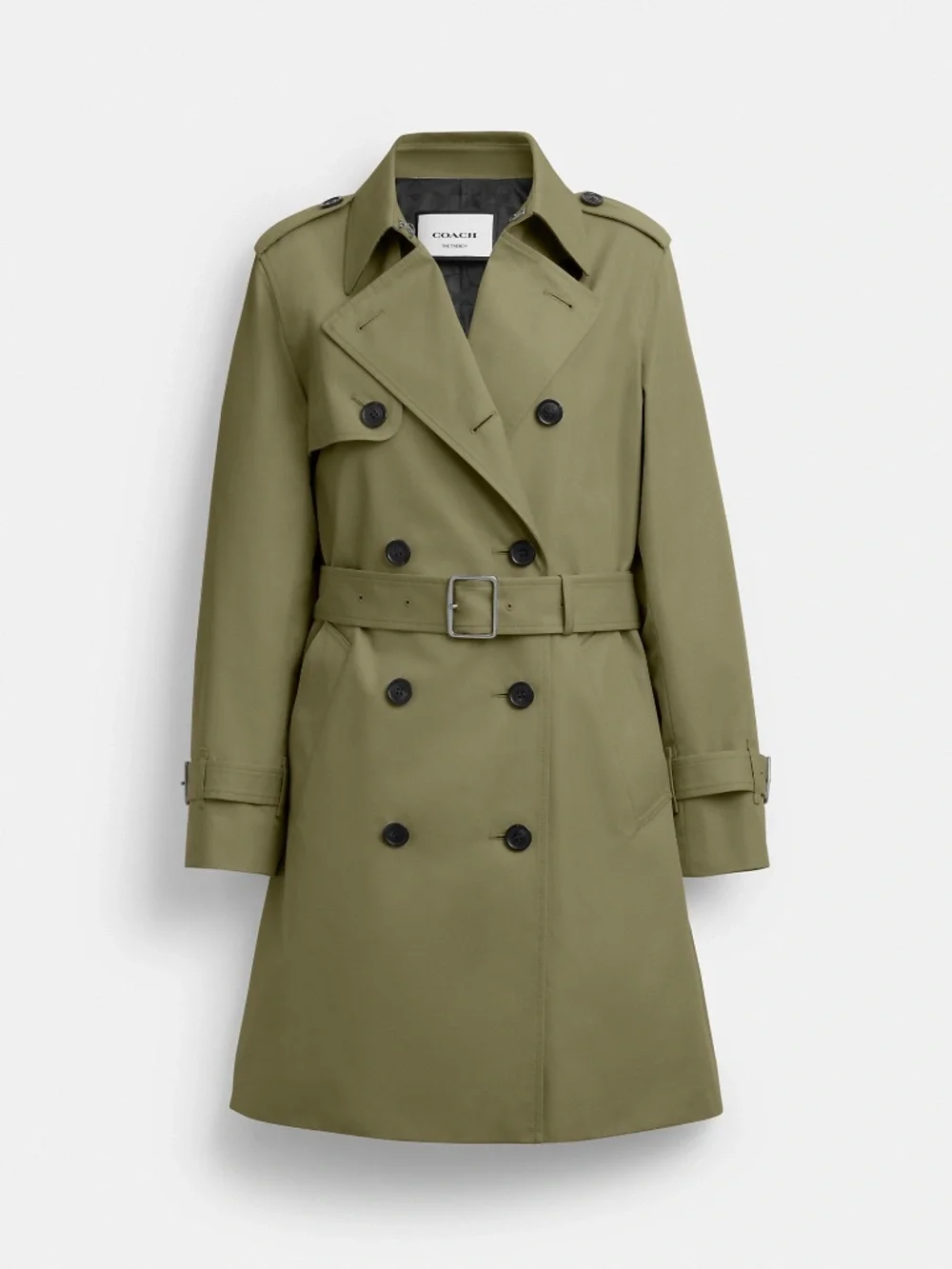 Coach Mid Trench raincoat jacket; Elm olive green; lined & belted